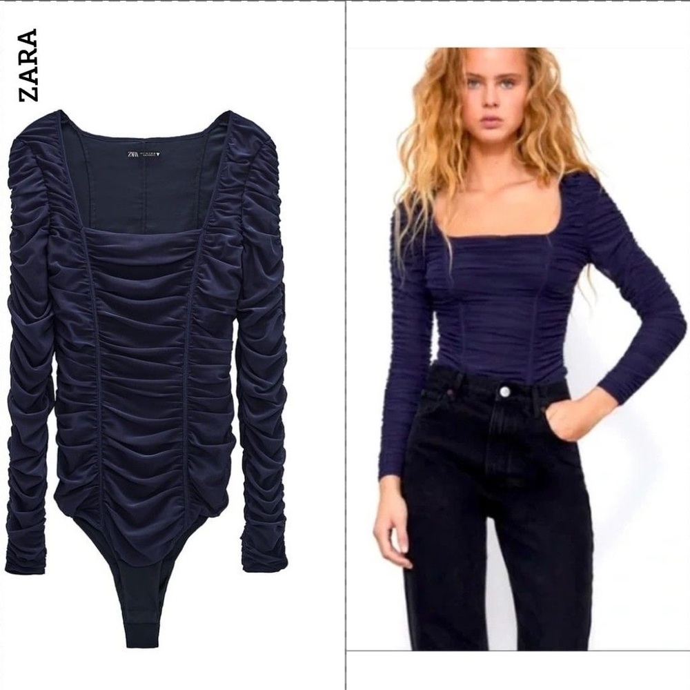 Zara Blue Ruched Long Sleeve Bodysuit